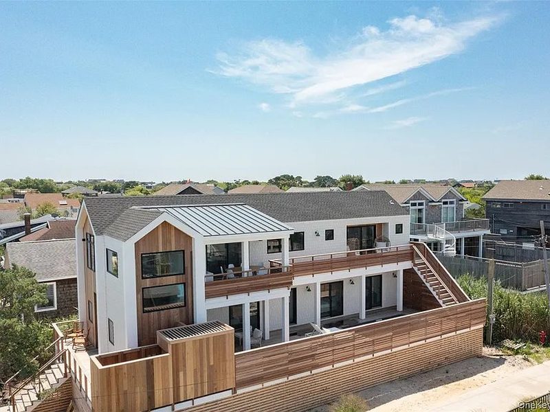 Modern Fire Island home, aerial view with multi-level decks
